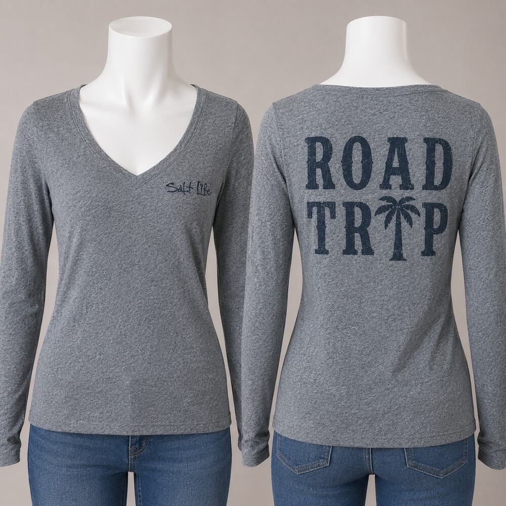 Salt Life Road Trip Long Sleeve V-Neck Tee Gray Women’s Medium Graphic Shirt